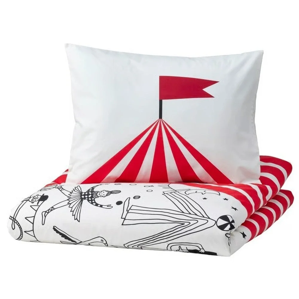 Ikea BUSENKEL Twin Duvet Cover and Pillowcase Circus Pattern Red/White New